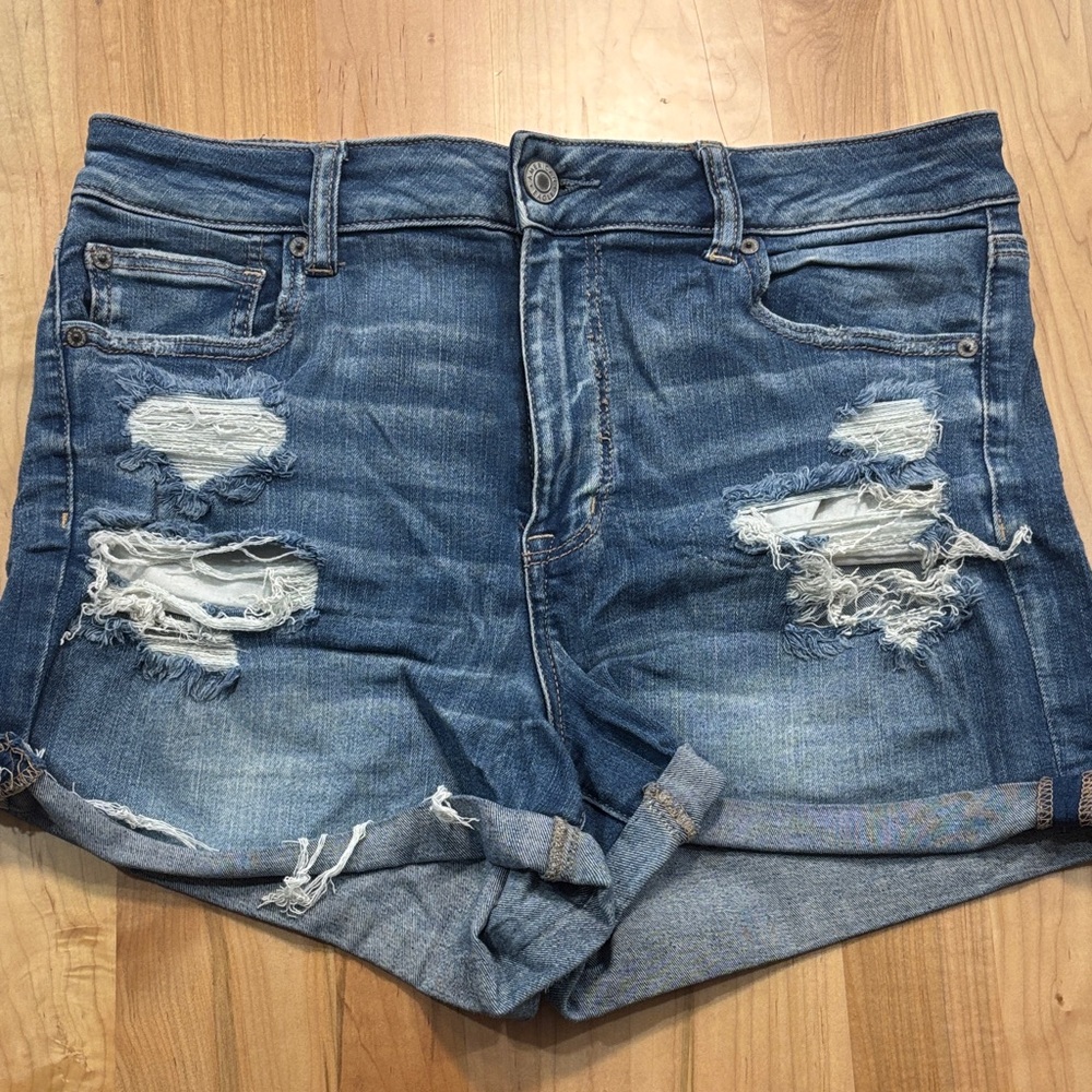 American Eagle Outfitters High Waist Distressed Denim Shorts - Blue